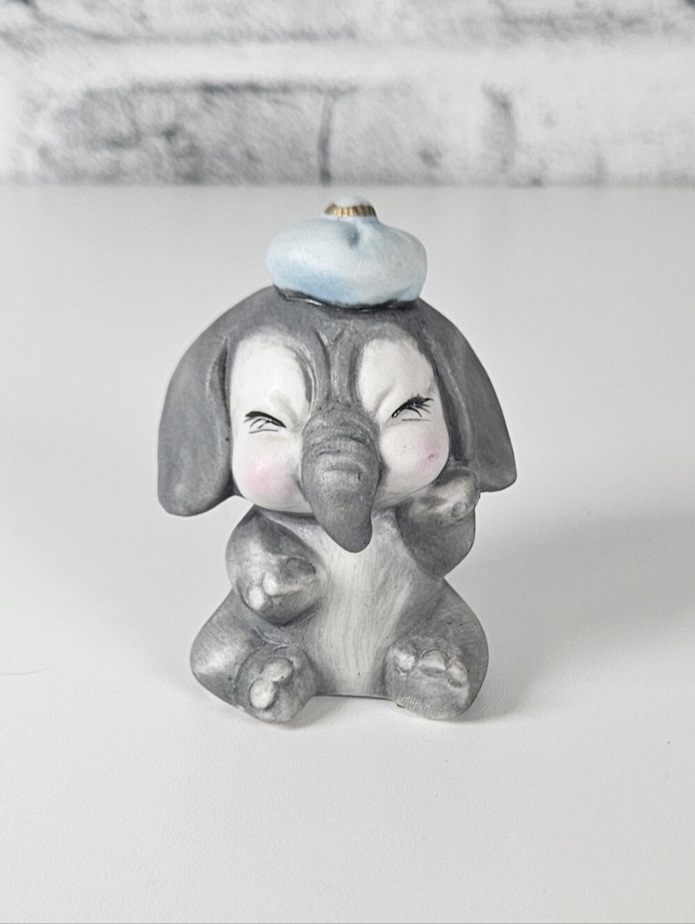 Vintage Taiwan Ceramic Baby Elephant Figurine Blue Hat Kawaii Decor